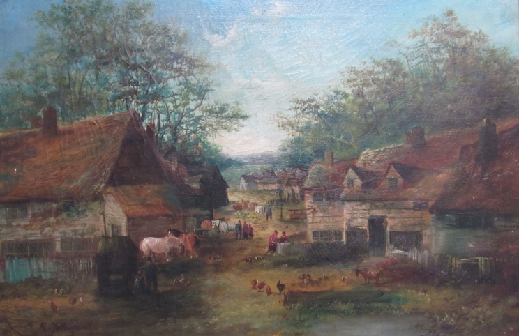 A pair of late 19th Century English School oils on canvas of farmstead scenes wtih cattle and - Image 3 of 4
