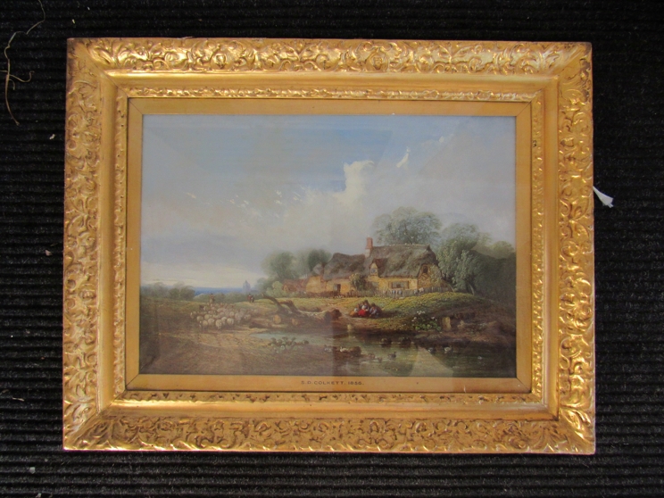 SAMUEL DAVID COLKETT (1806-1863) A gilt framed and glazed oil on board of thatched cottage beside - Image 3 of 3