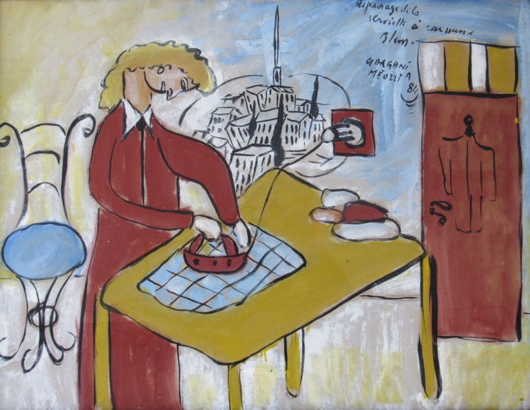 MEUZZI?: Pastel and watercolour depicting modernist style woman at table ironing,