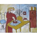 MEUZZI?: Pastel and watercolour depicting modernist style woman at table ironing,