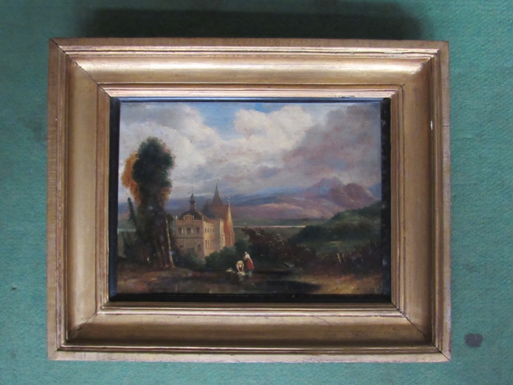 19th Century oil on board - landscape with figures and Church, set in a gilt frame. 20.5cm x 28. - Image 2 of 2