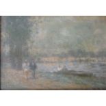 ENGLISH SCHOOL 20TH CENTURY: River scene with a couple walking along a river bank,