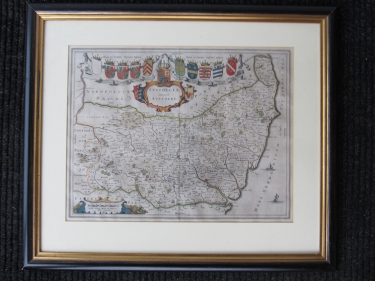 J. Blaeu - A framed and glazed hand coloured engraved map - Suffolcia Vernacule Suffolke. 38cm x 49. - Image 2 of 3