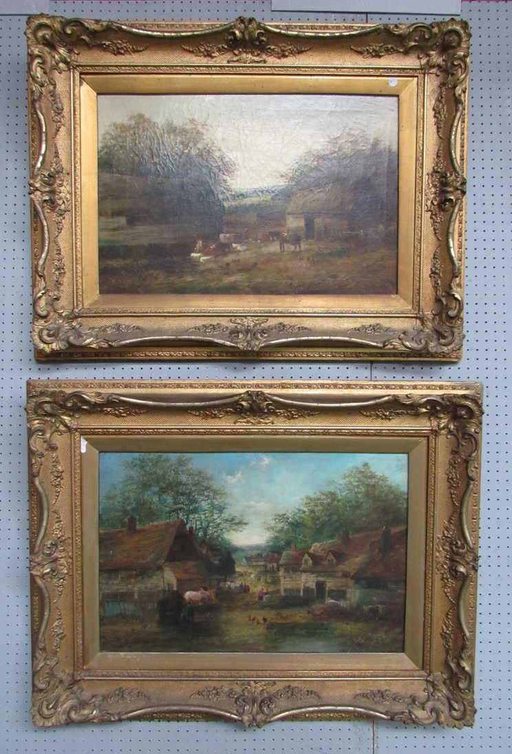 A pair of late 19th Century English School oils on canvas of farmstead scenes wtih cattle and - Image 4 of 4