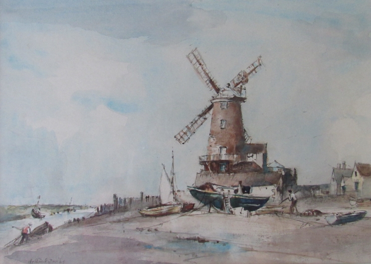 ARTHUR E. DAVIES (1893-1988) A framed and glazed watercolour of Cley windmill, Norfolk.