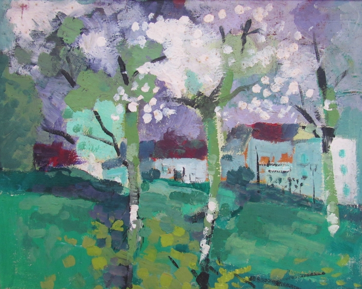 RONALD RONALDSON (1919-2015) colourful landscape with trees and buildings, oil on board 39cm x 50cm.