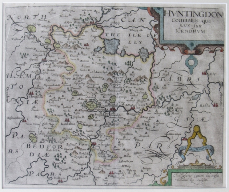 A framed and glazed map - Huntingdon Comitatus - Saxton/Kip circa 1637.