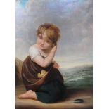 An early 19th Century oil on board of a child kneeling on sands collecting shells,