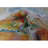 R DAWNEY? A framed and glazed abstract pastel and oil landscape, rolling hills,