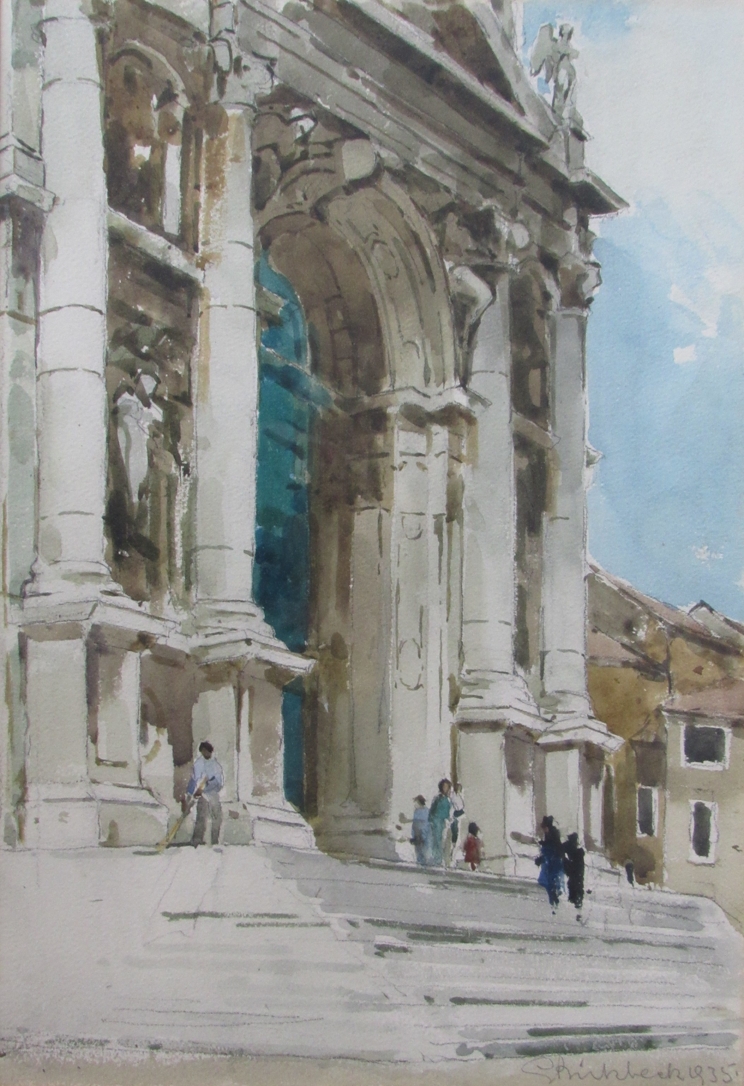 GEOFFREY BIRKBECK RBA RSW (1875-1954) A framed and glazed watercolour, Italian Basilica entrance.