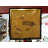 A 20th Century Ming dynasty design study of ducks on silk, framed and glazed,