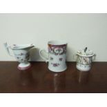 A Newhall type tankard and jug and a Crown Derby lidded twin handled pot (3) a/f