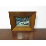A 19th Century maple framed early 3D image of horse and sleigh with trees,