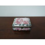 A 19th Century French enamel lidded box with hand painted puce scenes, acanthus border,