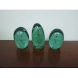 Three 19th Stourbridge green glass dumps with floral detail (chipped)