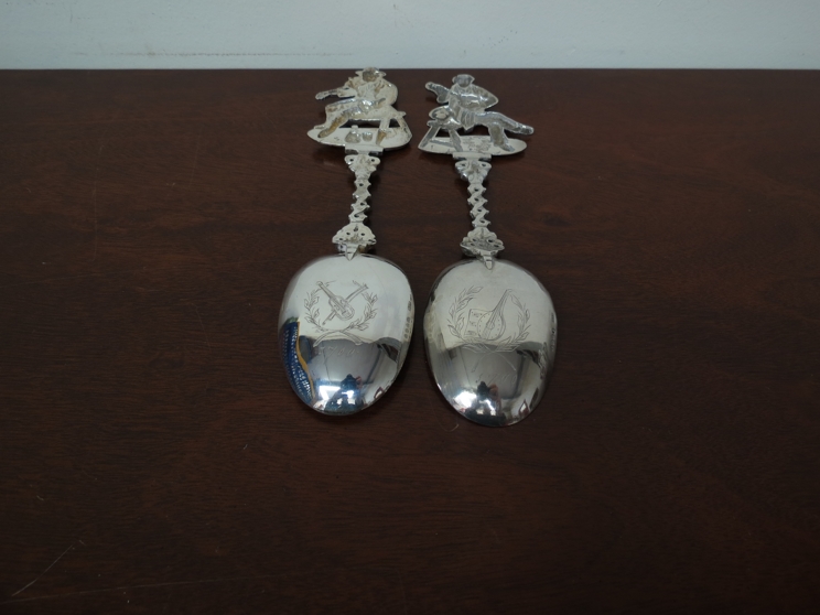 Two ornate silver spoons with musician terminals, import marks for Edwin Thompson Bryant, - Image 5 of 5
