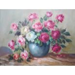 MARTIN LUTENBERG: 20th Century still life, 'Roses in bowl vase', oil on canvas,