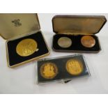 A cased proof set of UK coinage, cased commemorative medallions; Silver Jubilee, Pilgrim Fathers,