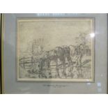 An Alfred Munnings etching of two shire horses and farm hand near farm buildings, framed and glazed,