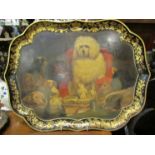 A 19th Century papier maché pictorial tray with gilded leaf and crest border,