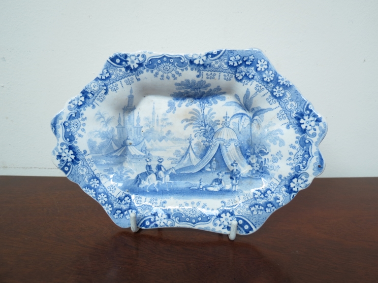 A 19th Century blue and white miniature dish, transfer printed with Anglo-Indian scene,