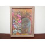 JULIA SORRELL (1955 British): Poppies in garden, dated 02, oil on board, simplistic oak frame,