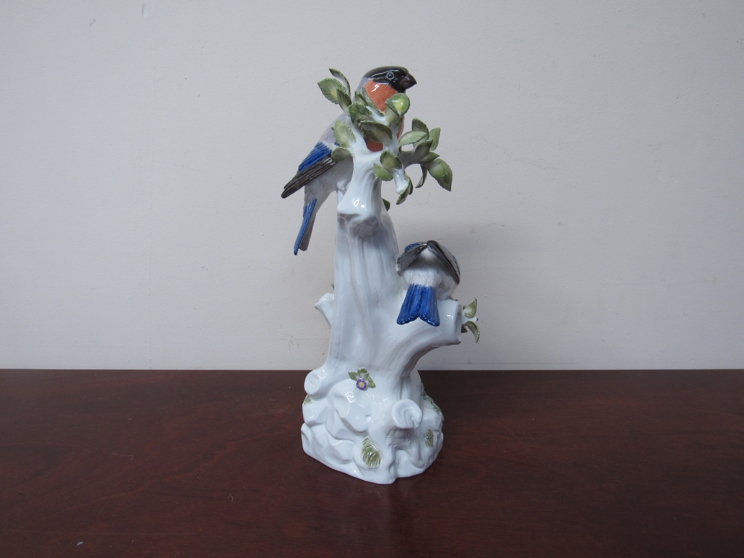 A Meissen marked porcelain figural group of two Bullfinches on a tree, base marked 850, 77286, - Image 3 of 4