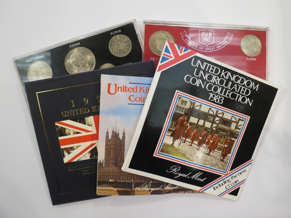 Five sets of uncirculated pre and post decimal UK coinage including Churchill crown