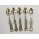 A set of five Middle-Eastern white metal teaspoons stamped to bowls,