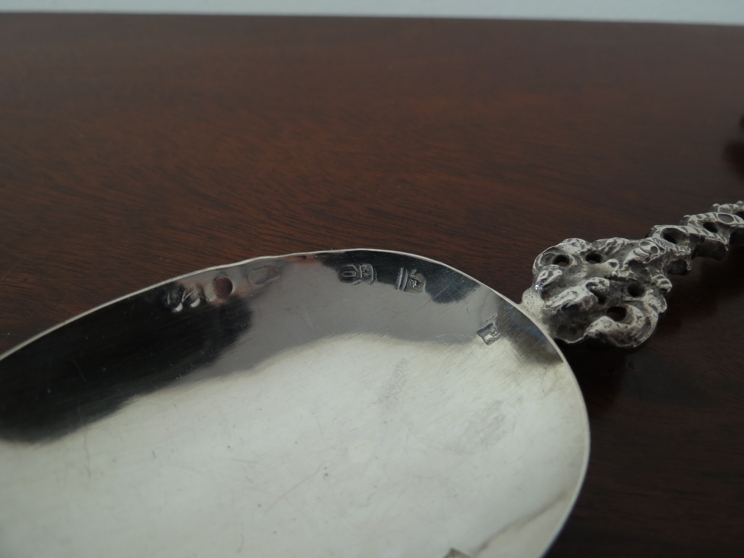 Two ornate silver spoons with musician terminals, import marks for Edwin Thompson Bryant, - Image 3 of 5