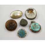 A quantity of brooches and silver lockets including large Arts and Crafts silver and pearl brooch,