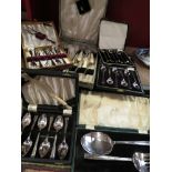 Six cased cutlery sets including coffee bean spoons