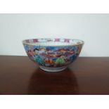 A 19th Century Canton bowl with restored rim, figural scenes to exterior cartouches, 19.