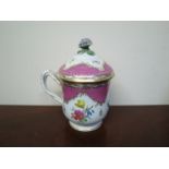 A 19th Century Vienna chocolate mug with cover, floral finial hand painted decoration,