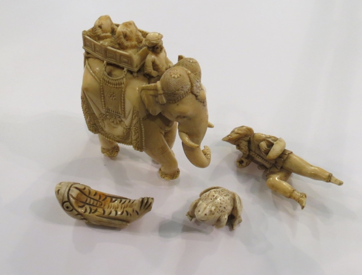 A 19th Century carved ivory elephant with riders (a/f) together with a 17th Century Dieppe ivory