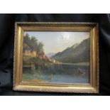 An oil on canvas of a middle European alpine lake scene dwellings to left 25.5 x 32.