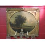 A late 18th Century oil on canvas landscape depicting a river landscape and boat, oval form,