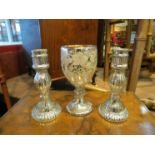 A pair of reflective glass candlesticks together with a 19th Century mirrored glass goblet,