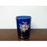 A 19th Century Bristol blue glass container/beaker with hand painted floral sprays and gilt banding,