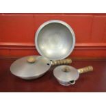 A Norway Haustad pewter bowl and two lidded saucepans