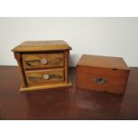 A Victorian mahogany money box and a miniature two drawer chest with scenes of Dover (2)
