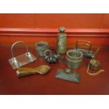 Desk items including weights, letter rack,