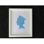 FREYA SARSON (XXI): A framed and glazed collage of stamps forming silhouette of Queen Elizabeth II.