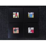 Four framed St. Ives style abstract paintings in wide black frames. Image size 9.5cm x 9.