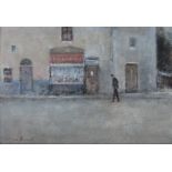 JOHN BOND (b. 1945): A framed and glazed oil on board entitled "Figure Near a Shop".