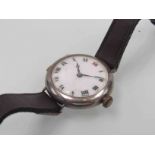 ROLEX: An early 20th Century silver wristwatch with Roman enamelled dial,