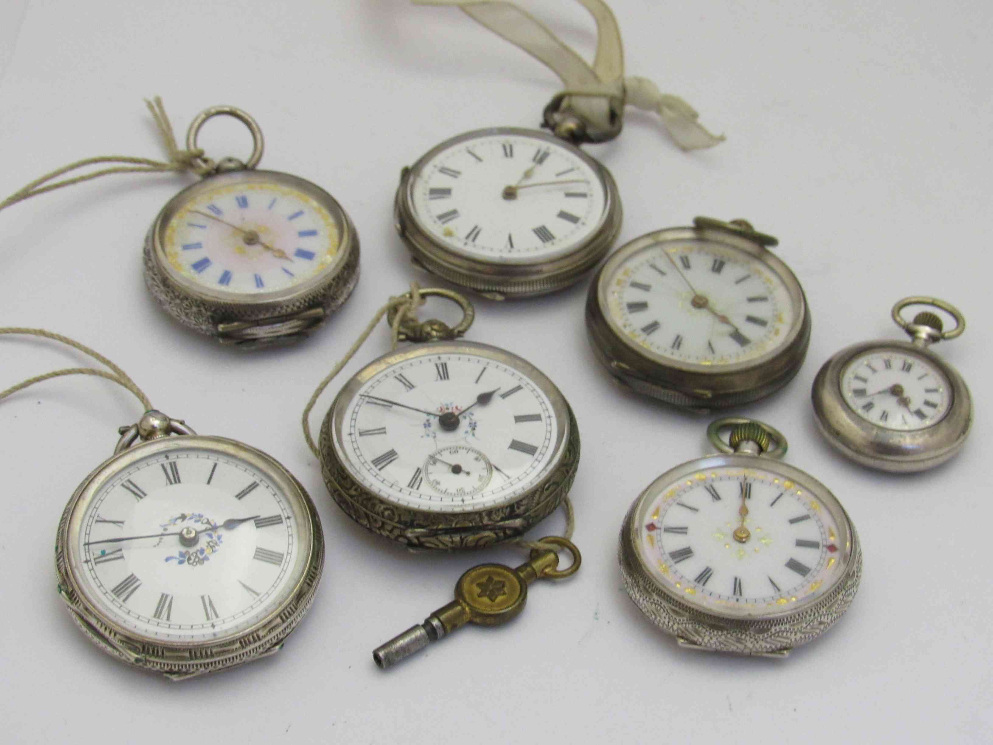 Seven assorted silver fob watches