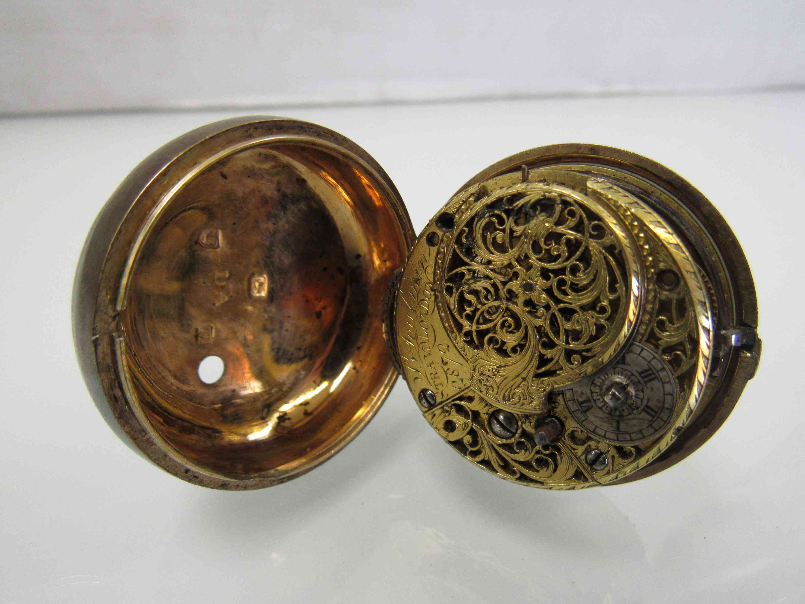 An 18th Century silver gilt pocket watch (no pair case) with verge and fusee movement, - Image 3 of 3