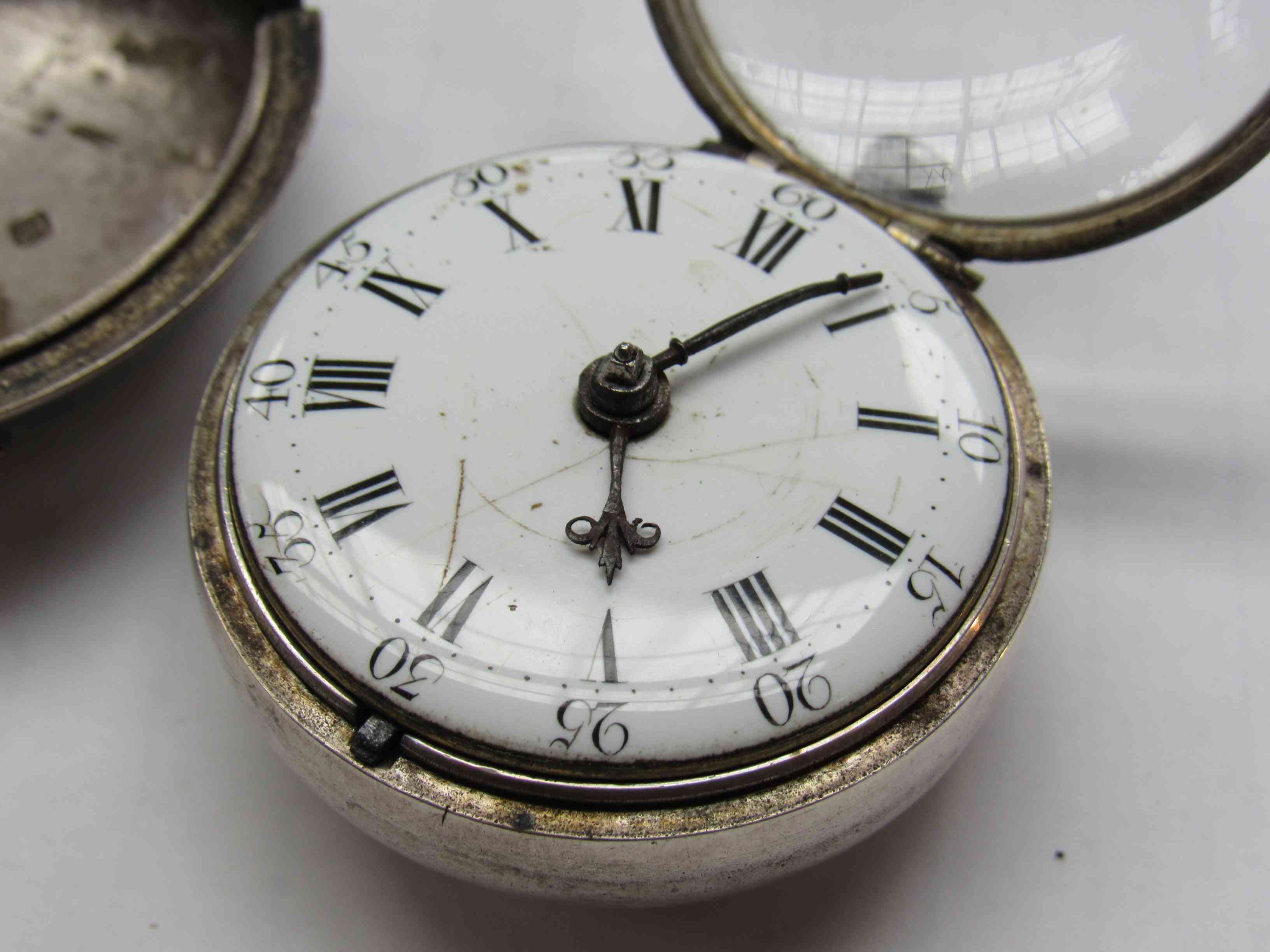 A late 18th Century silver pair case pocket watch with Roman enamelled convex dial, - Image 2 of 3