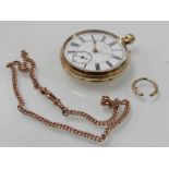 An 18ct gold open faced pocket watch with Roman enamelled dial and subsidiary seconds,